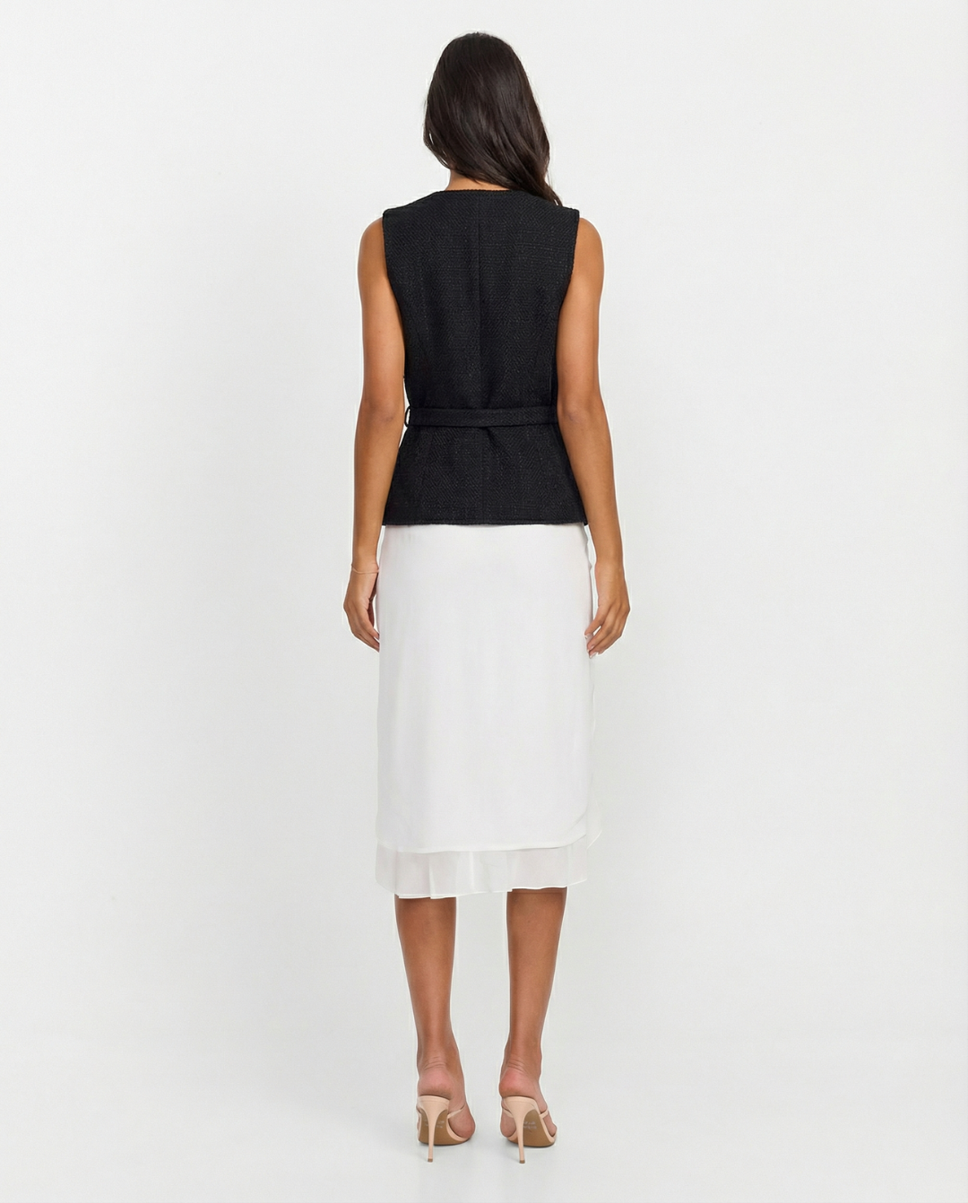 Gemma | Elegant Sleeveless Blazer Black Tweed Belted Gold Button