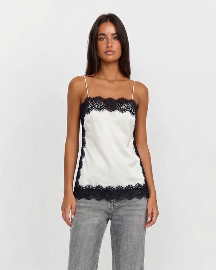 Margot | Elegant Lace Cami Top Cream Black Satin Sleeveless