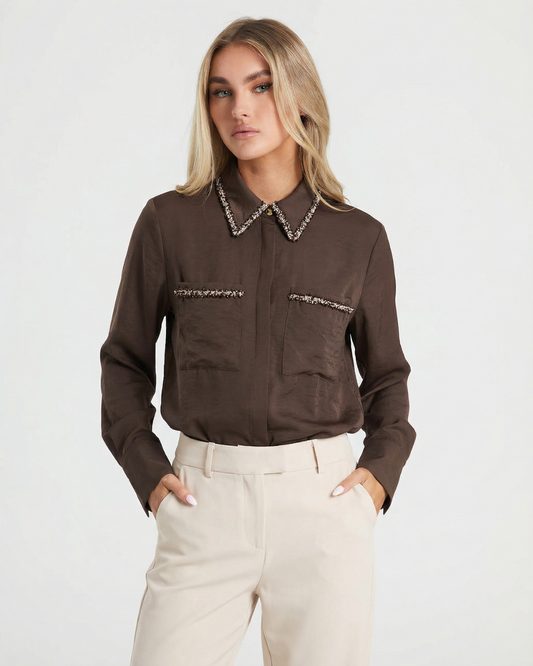 Evie | Smart Casual Brown Shirt Embellished Collar