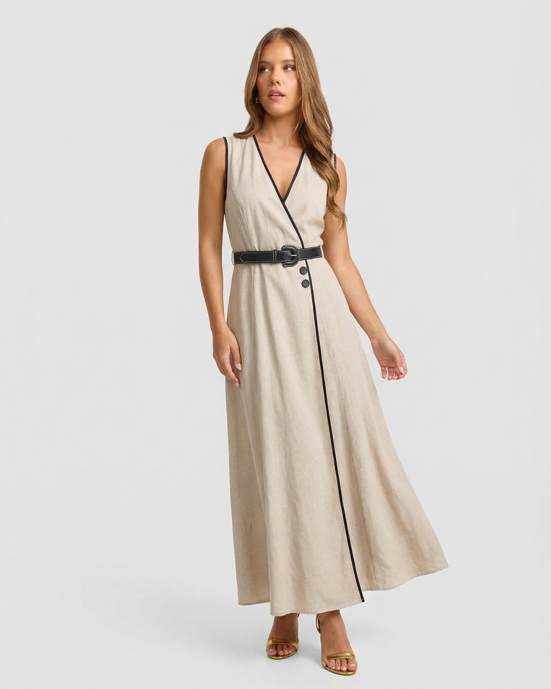 Fern | Smart Casual V Neck Maxi Dress Beige