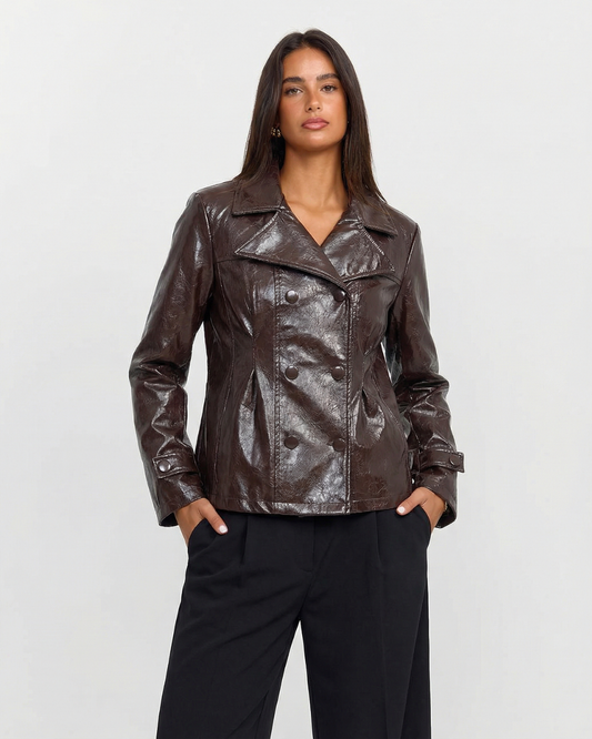 Cleo | Faux Leather Jacket Brown Double Breasted Long Sleeve