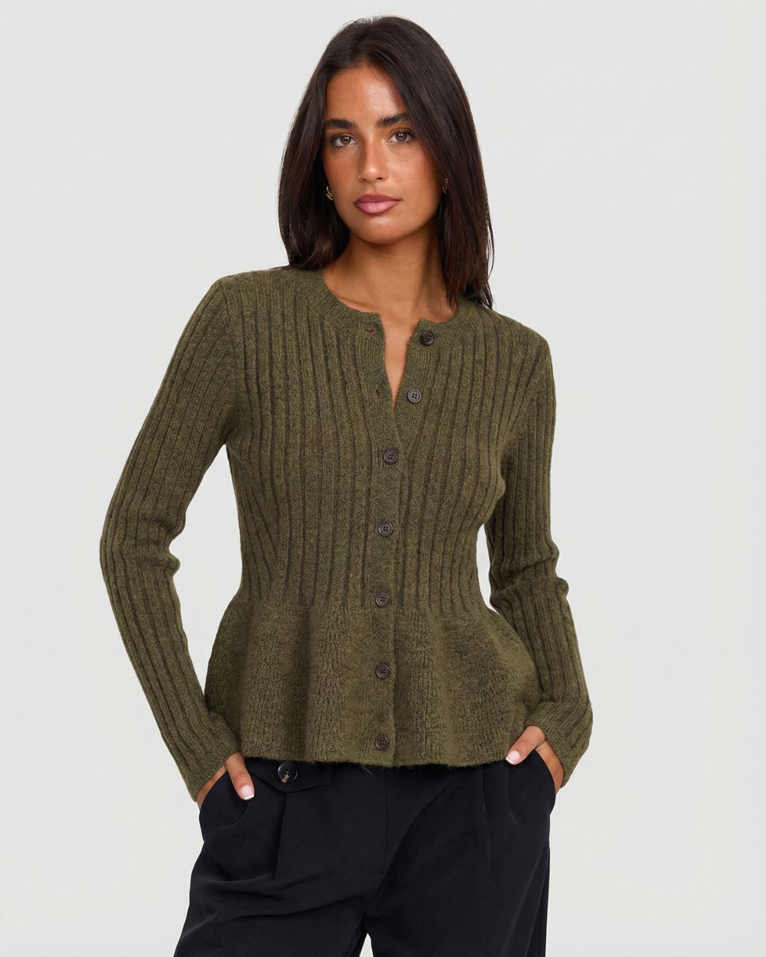 Arden | Knitted Cardigan Khaki Long Sleeve Peplum Ribbed Button Front