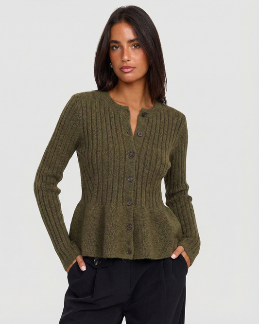 Arden | Knitted Cardigan Khaki Long Sleeve Peplum Ribbed Button Front