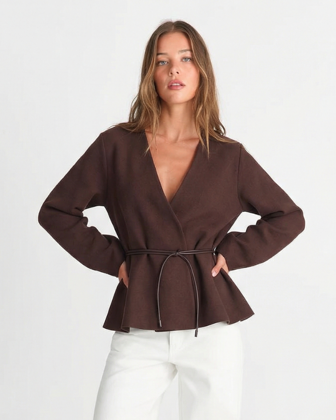 Margot | Wrap Blouse Brown Long Sleeve Peplum Belted