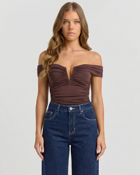 Cora | Elegant Off Shoulder Corset Top Brown Ruched