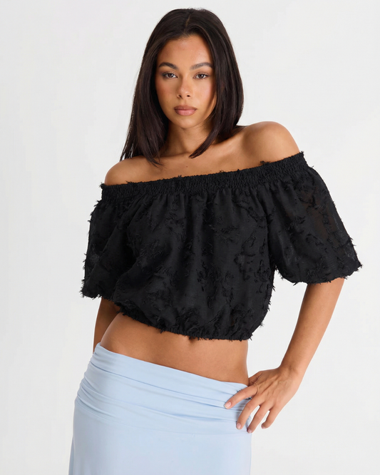 Vera | Off Shoulder Crop Top Black Textured Short Sleeve