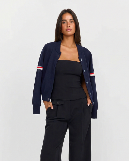 Wren | Navy Bomber Jacket Varsity Striped Sleeve Button Front