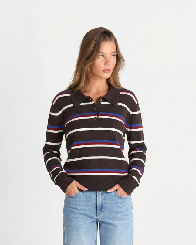 Margot | Striped Long Sleeve Polo Black White Blue Red