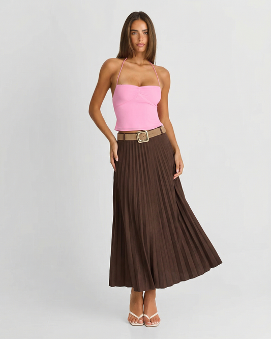 Tess | Pleated Midi Skirt Brown Belted A Line
