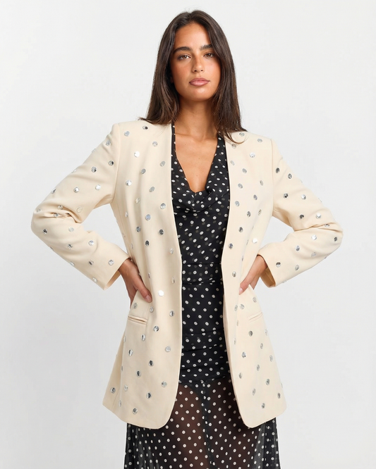 Ria | Elegant Collarless Blazer Cream Sequin