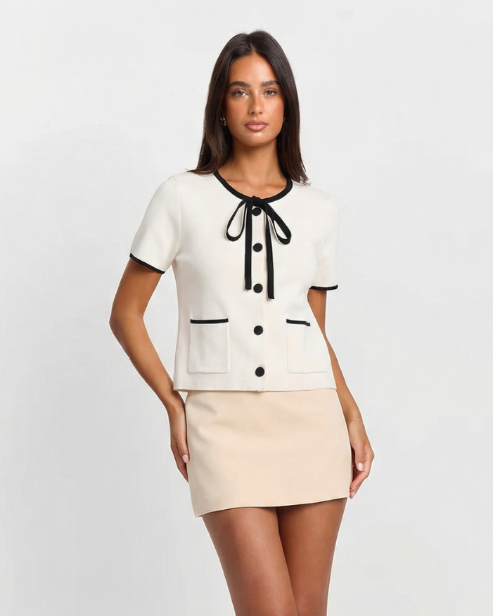 Thea | Coquette Tie Neck Blouse White Short Sleeve Button Front Pockets