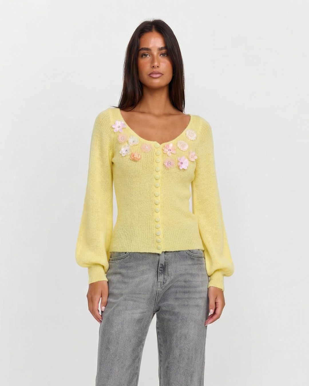 Thea | Coquette Button Front Knit Sweater Yellow Floral Applique V Neck
