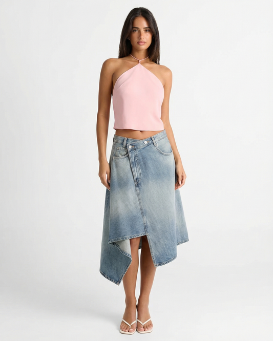 Vera | Denim Midi Skirt Light Blue High Waisted Asymmetric