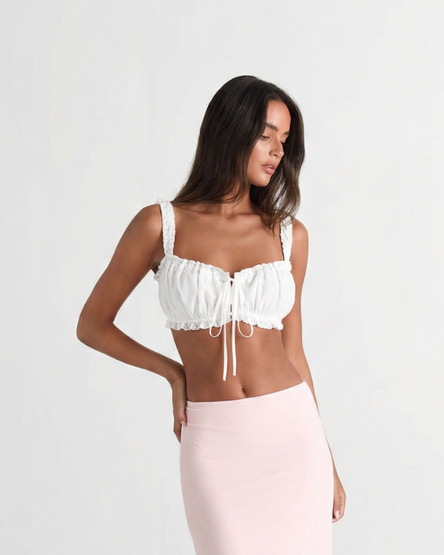 Nell | Summer Crop Top White Ruched Tie Front Sleeveless Bralette Top