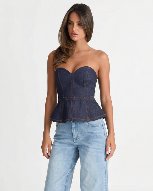 Faye | Strapless Corset Top Denim Navy Peplum Fitted Bustier