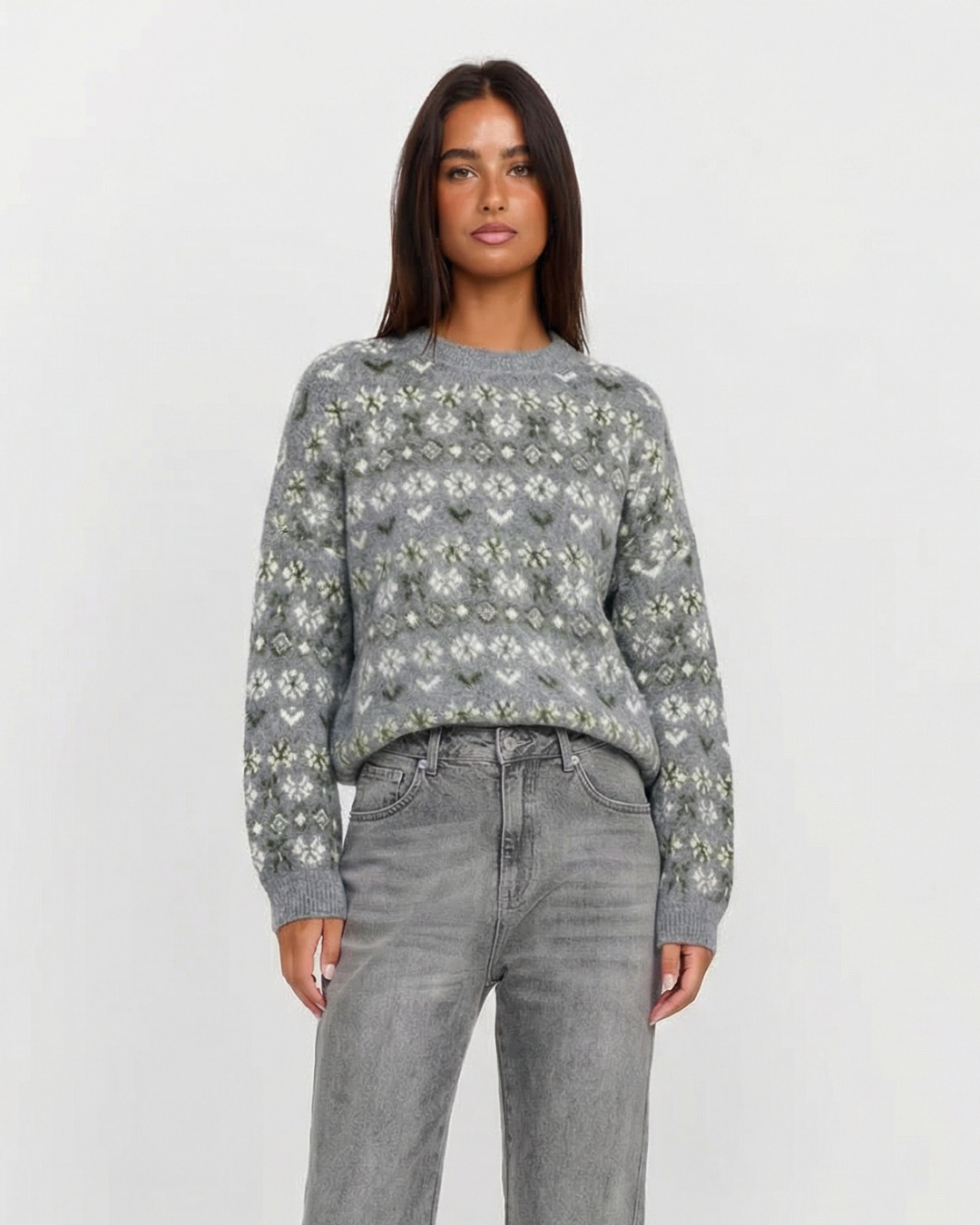 Thea | Fair Isle Knit Sweater Gray Crew Neck Oversized