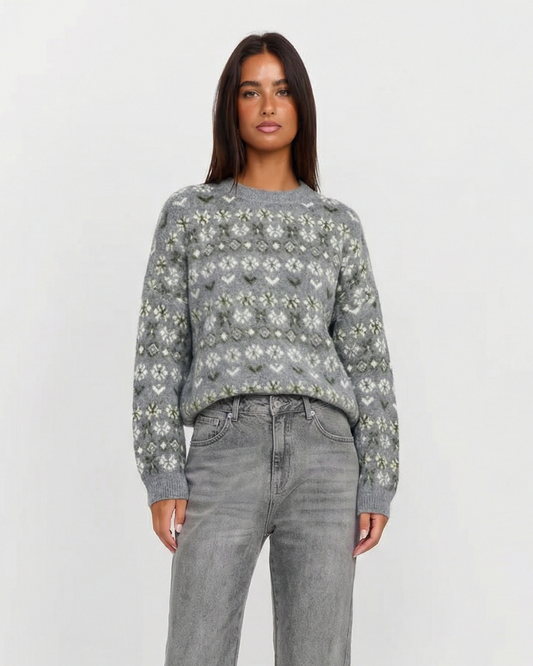 Thea | Fair Isle Knit Sweater Gray Crew Neck Oversized