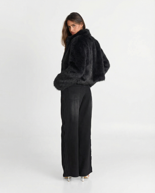 Thea | Cropped Faux Fur Coat Black Fluffy