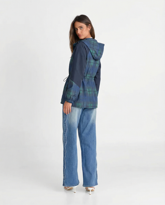 Ivy | Casual Plaid Hooded Jacket Navy Green Drawstring