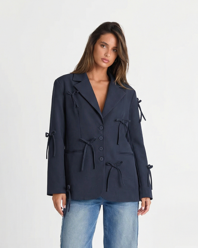 Vera | Oversized Tie Front Blazer Navy Long Sleeve