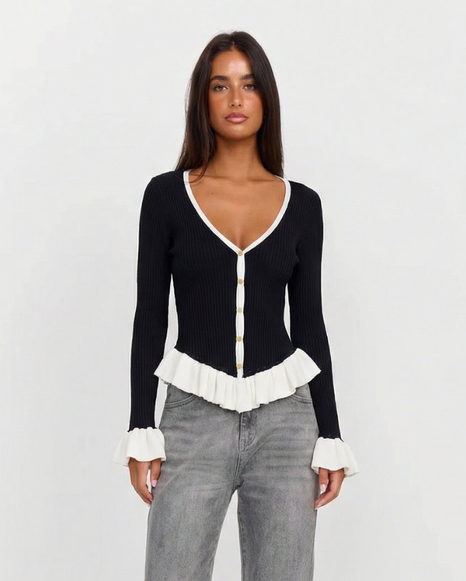 Hazel | Elegant Peplum Top Black Knitted Long Sleeve V Neck Fitted