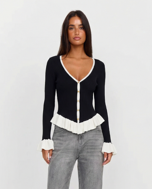 Hazel | Elegant Peplum Top Black Knitted Long Sleeve V Neck Fitted