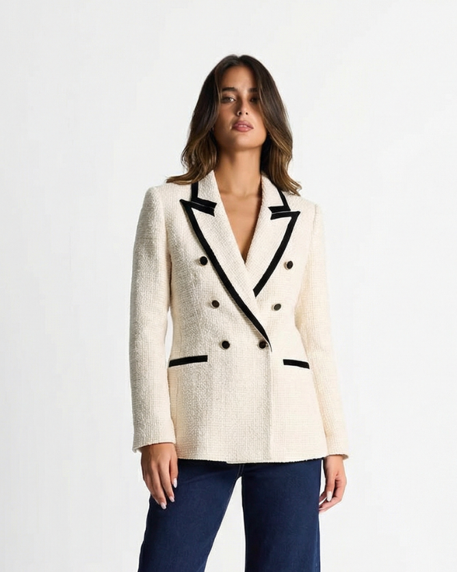 Margot | Double Breasted Tweed Blazer Cream Black Trim