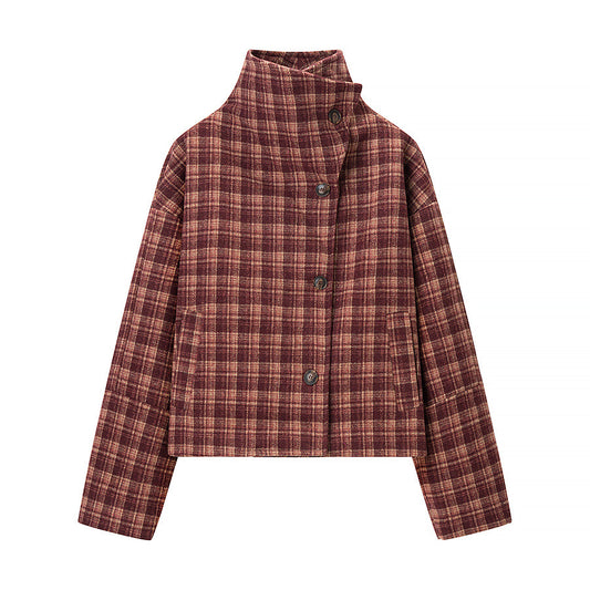 Lux | Autumn Quilted Jacket Brown Check Padded High Neck
