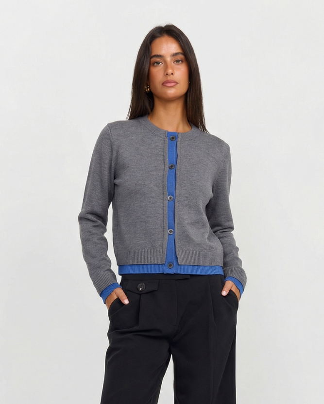 Margot | Fitted Cardigan Gray Long Sleeve Blue Trim Button Front