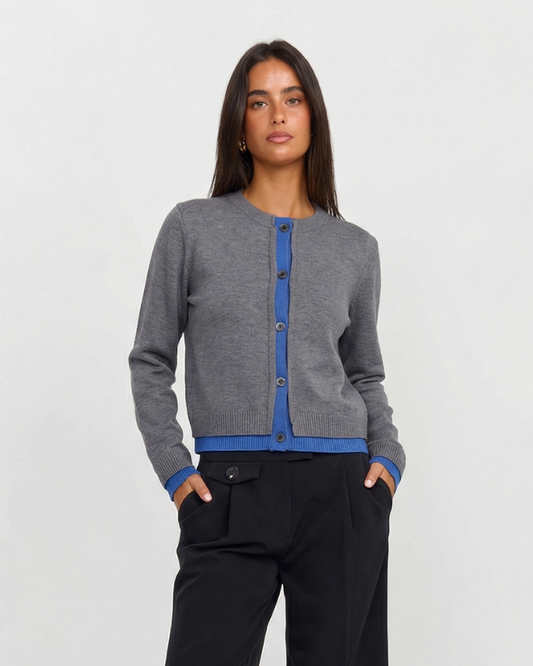 Margot | Fitted Cardigan Gray Long Sleeve Blue Trim Button Front