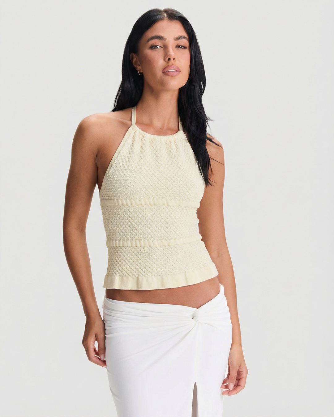 Thea | Ribbed Halter Top Cream Peplum