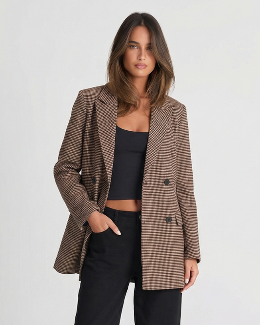 Margot | Houndstooth Oversized Blazer Brown Double Breasted