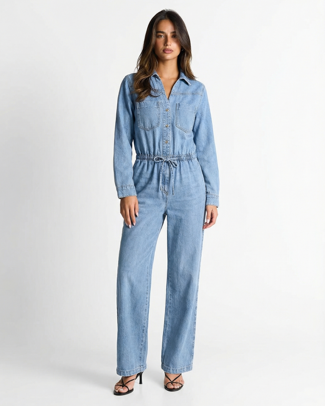 Nea | Casual Light Blue Denim Jumpsuit Long Sleeve Drawstring