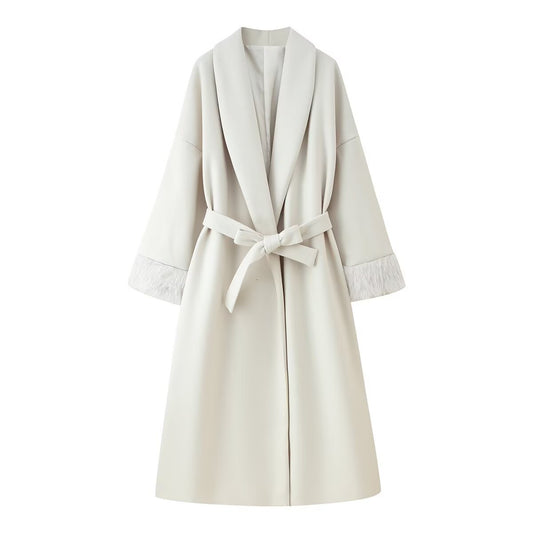 Cora | Elegant Long Faux Fur Coat Cream Belted Cuff Detail