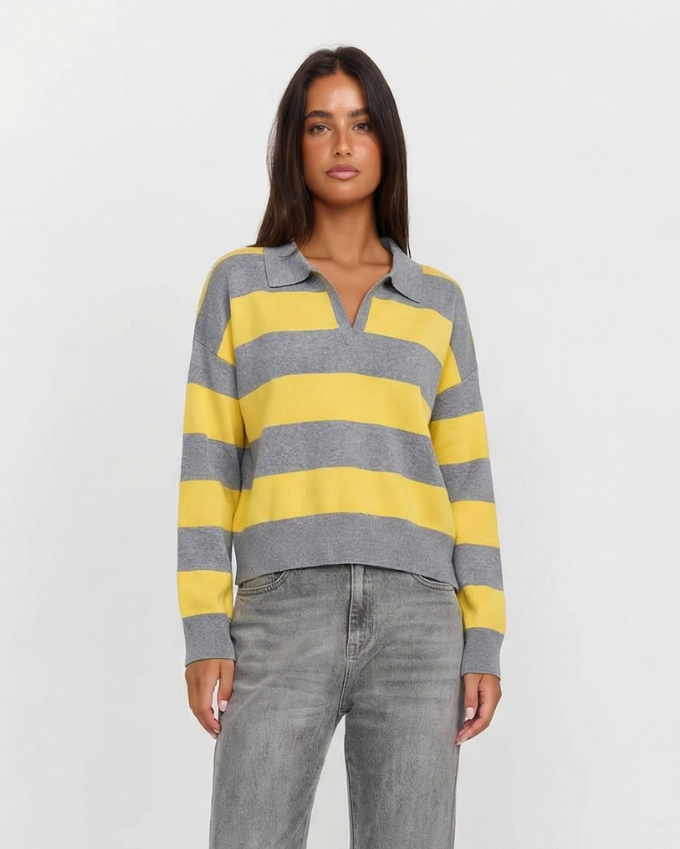 Ella | Yellow Stylish Striped Knit Polo Jumper