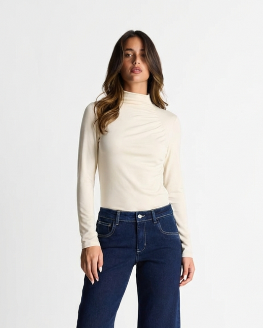 Tallulah | Long Sleeve Top Cream High Neck Fitted Ruched