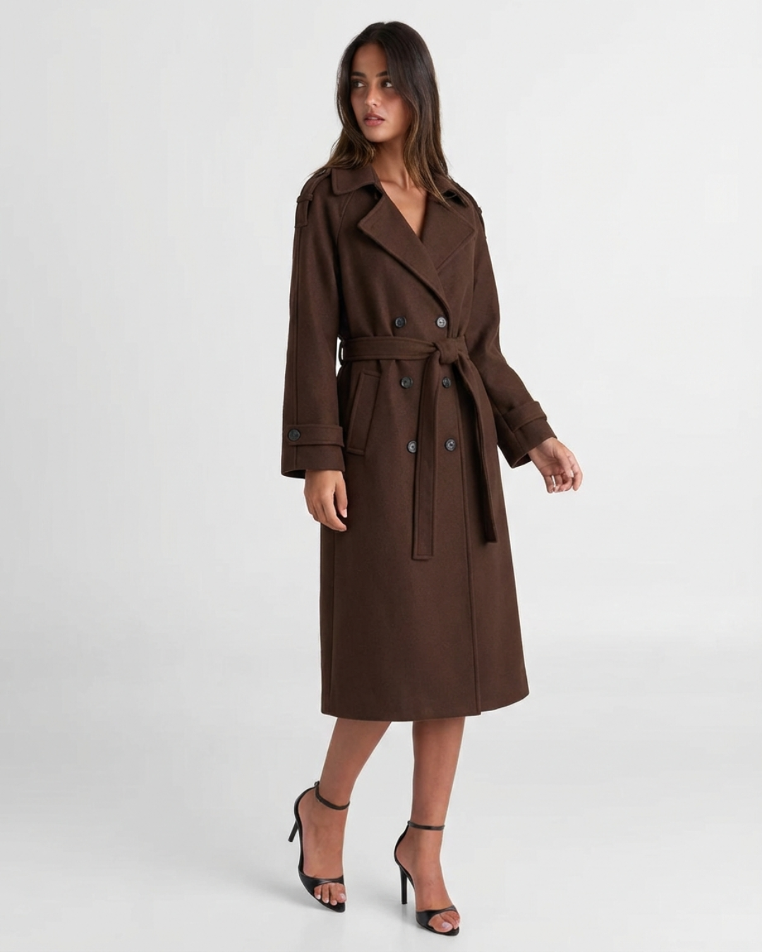 Ines | Elegant Belted Trench Coat Brown Long Sleeve