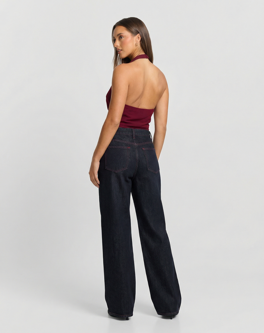 Wren | Wide Leg Jeans Dark Wash High Waisted Contrast Stitch