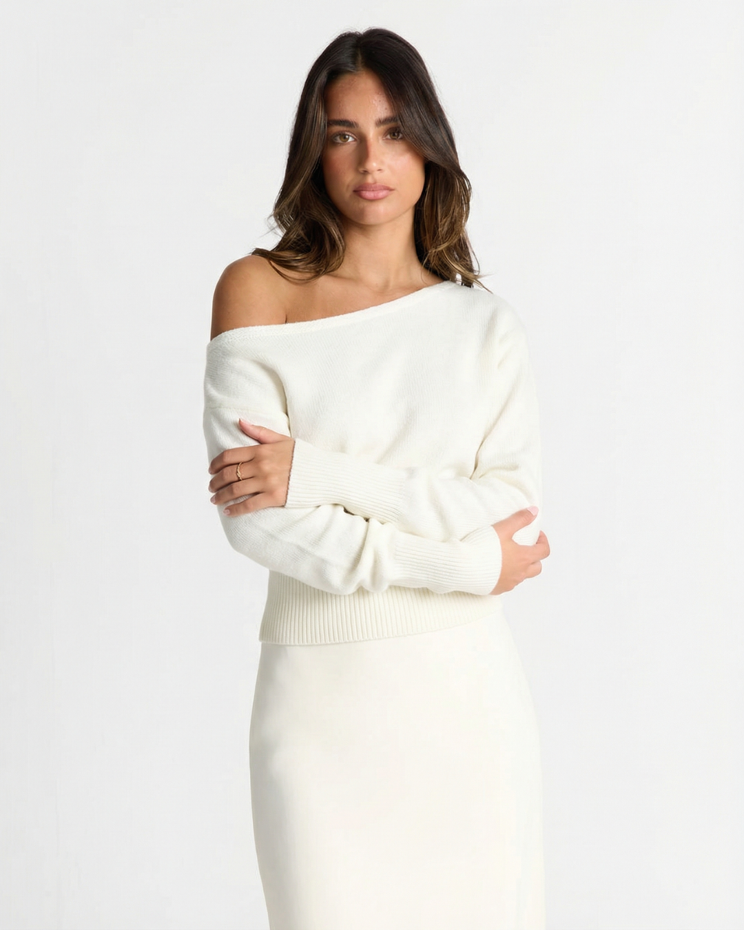 Lucia | Elegant Off Shoulder Sweater Cream Knitted Long Sleeve