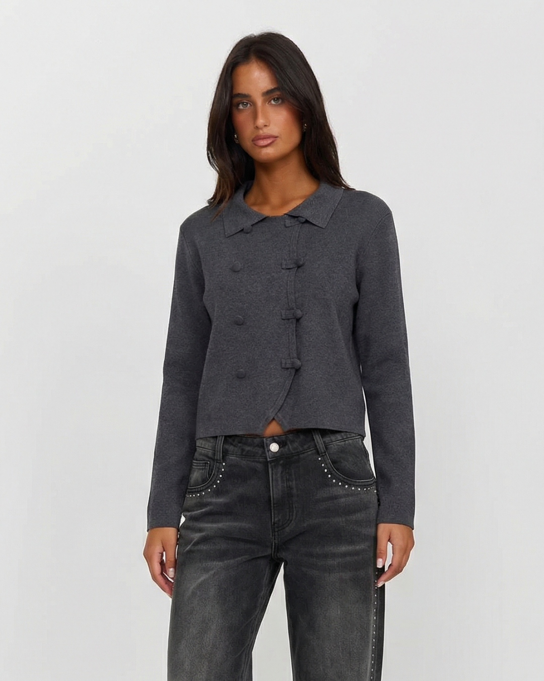 Tate | Casual Cardigan Grey Button Front Long Sleeve Collared Knitted