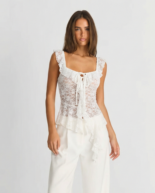 Etta | Square Neck Lace Top White Ruffle Tie Front Sheer