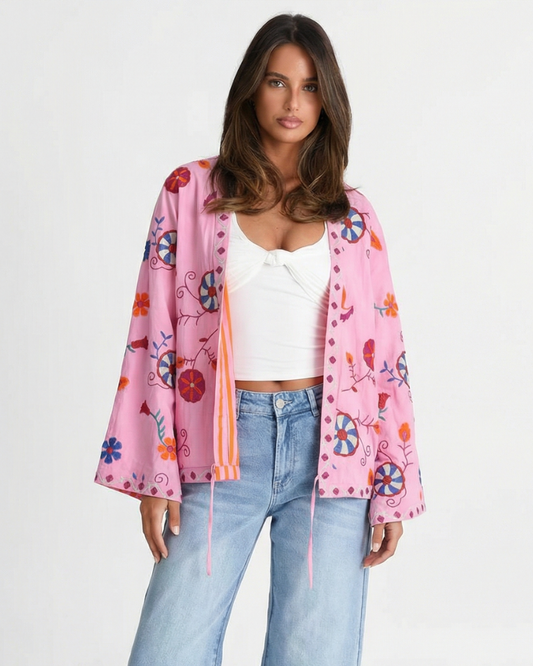 Xena | Pink Embroidered Kimono Jacket Satin Long Sleeve Printed Oversized
