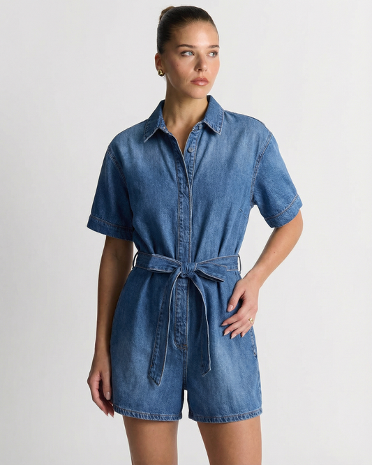 Rosa | Casual Denim Shirt Jumpsuit Blue Belted Short Sleeve