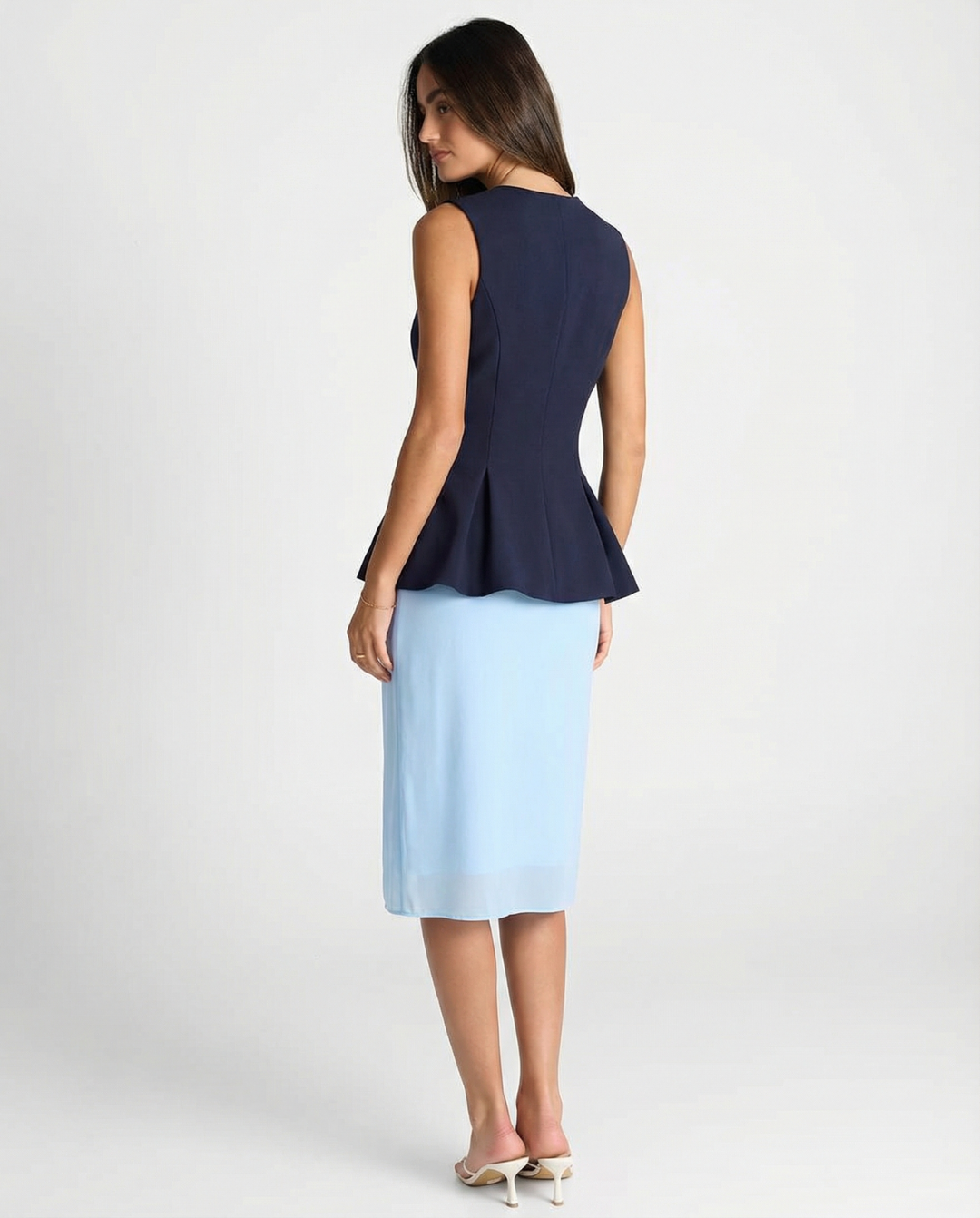 Zara | Smart Casual Peplum Top Navy Sleeveless V Neck Fitted