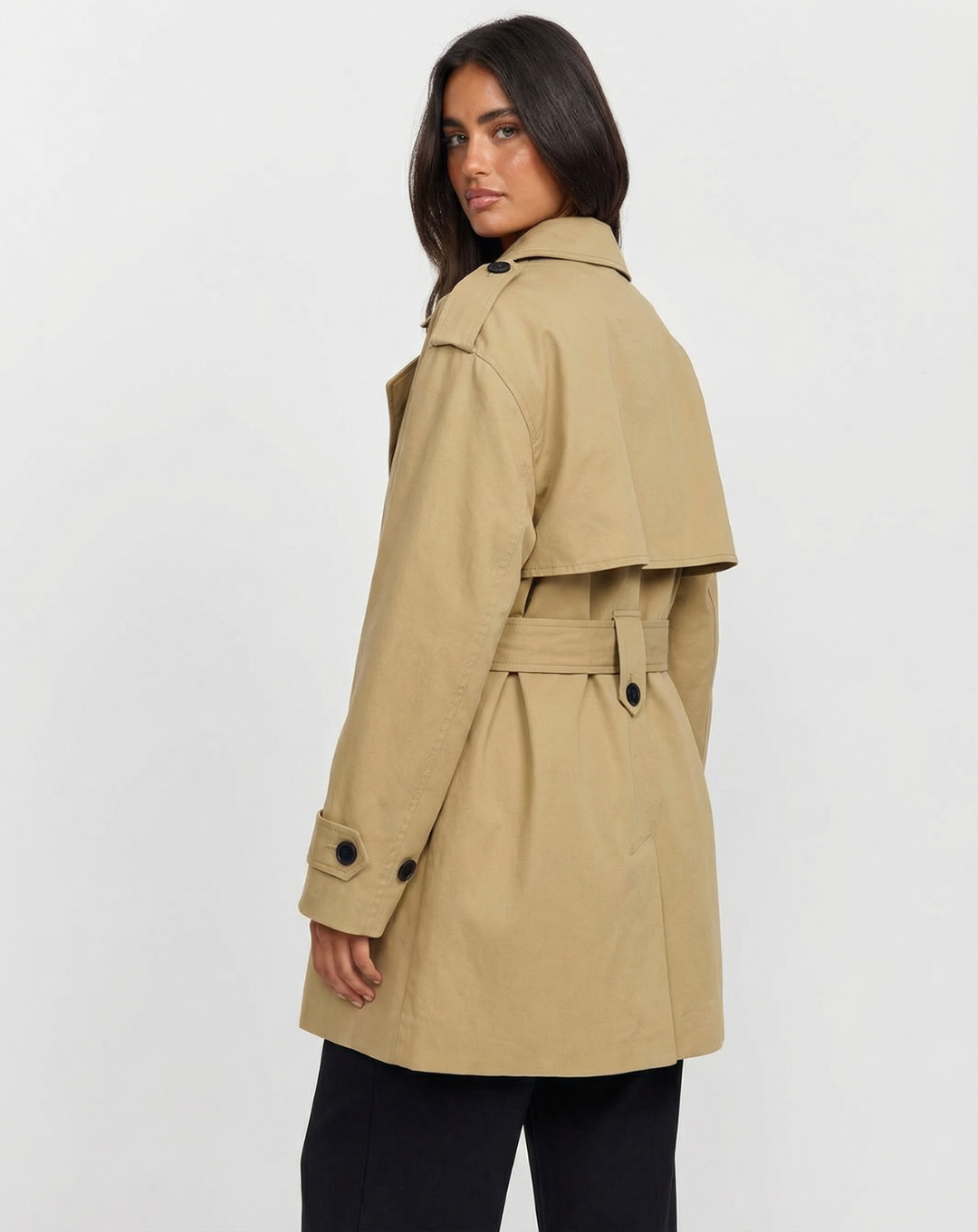 Neve | Beige Belted Utility Jacket Long Sleeve Collared Trench