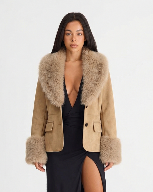 Margot | Camel Suede Blazer Faux Fur Collar Cuff