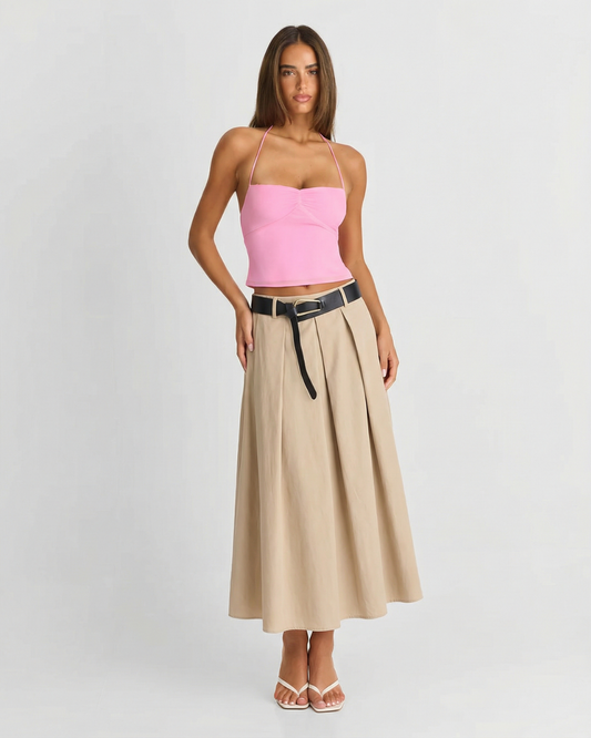 Nola | Elegant Pleated Midi Skirt Beige Belted A Line Tailored