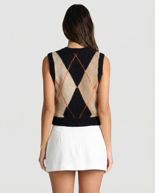 Margot | Argyle Sweater Vest Cream Black Red Trim Crew Neck
