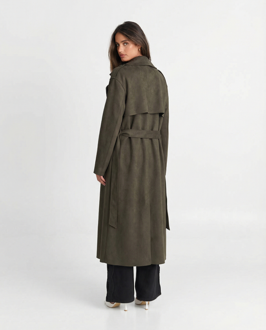 Thea | Longline Trench Coat Olive Double Breasted