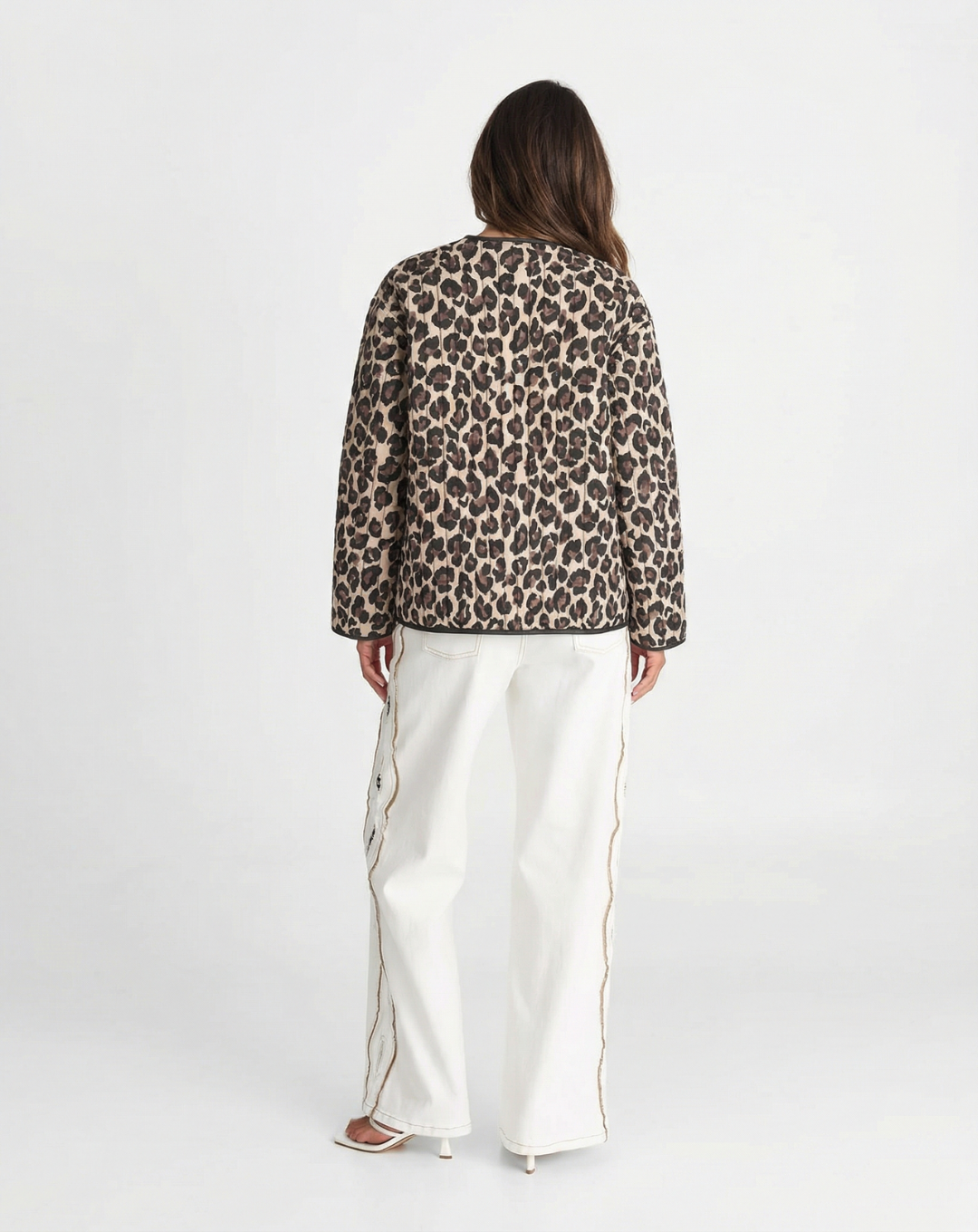 Aria | Quilted Jacket Leopard Print Brown Beige Collarless Zip Up